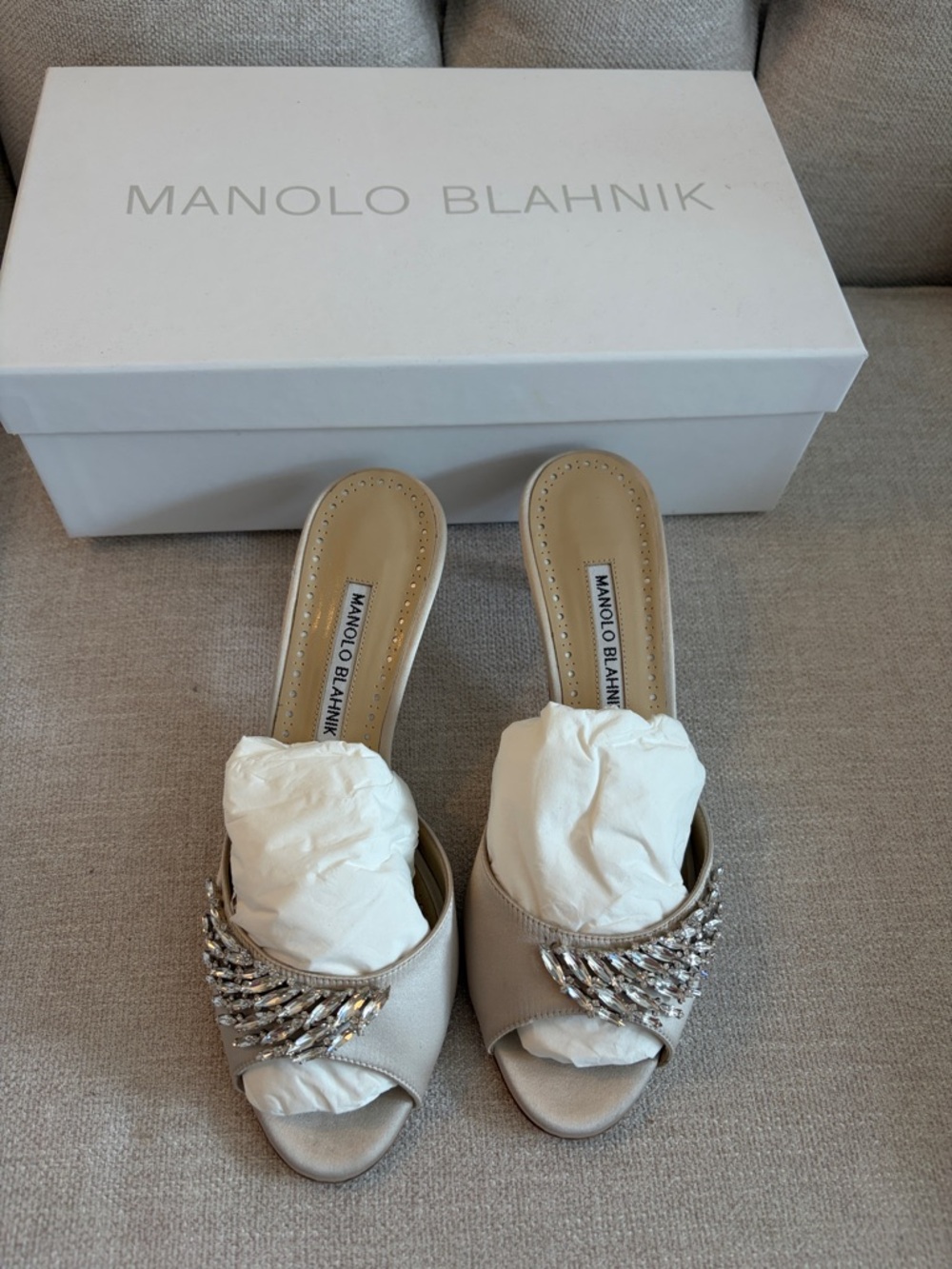 Manolo Blahnik Cream Embellished Open-Toe Mules